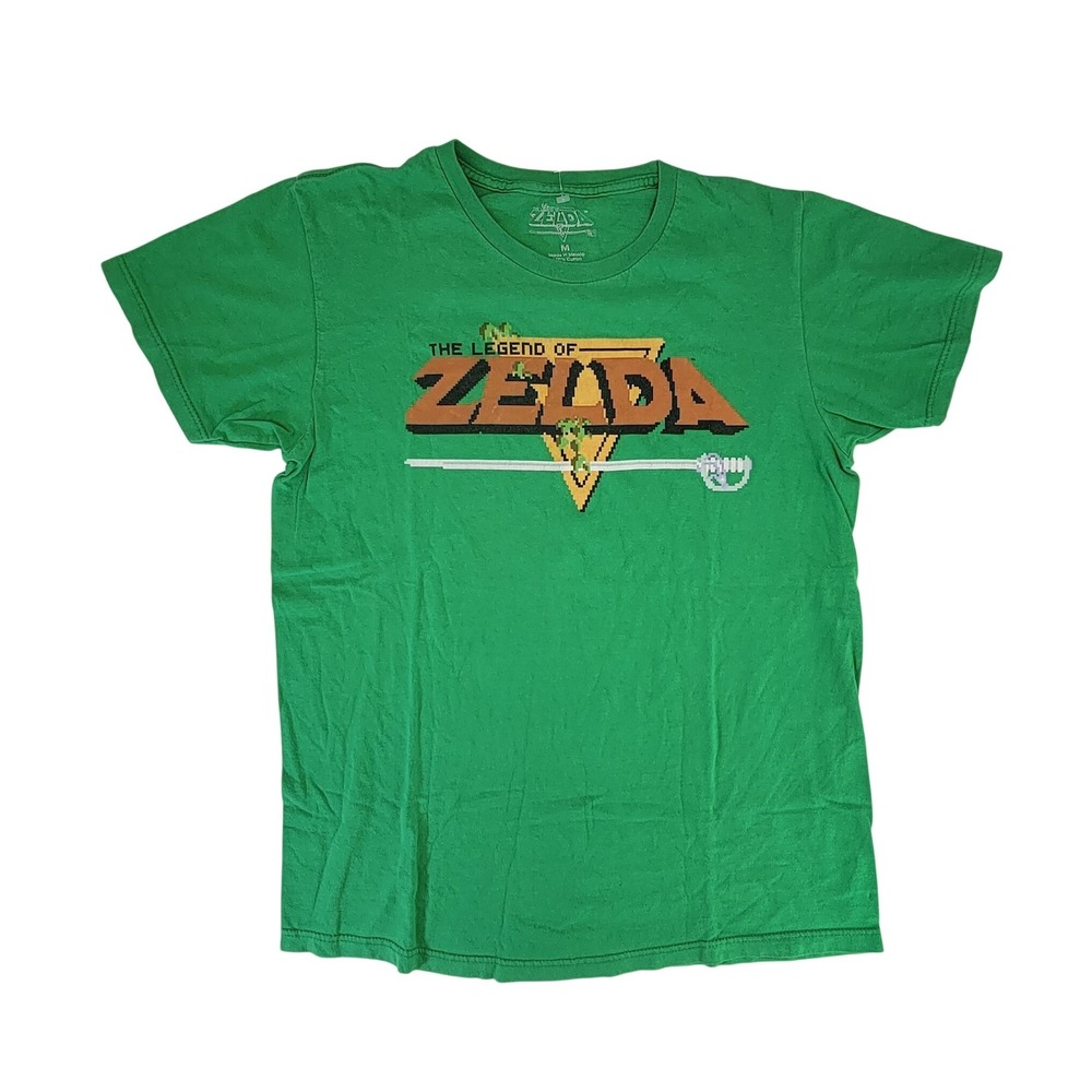 The Legend of Zelda T Shirt Green Pixelated Triforce Sword Graphic Tee Size M